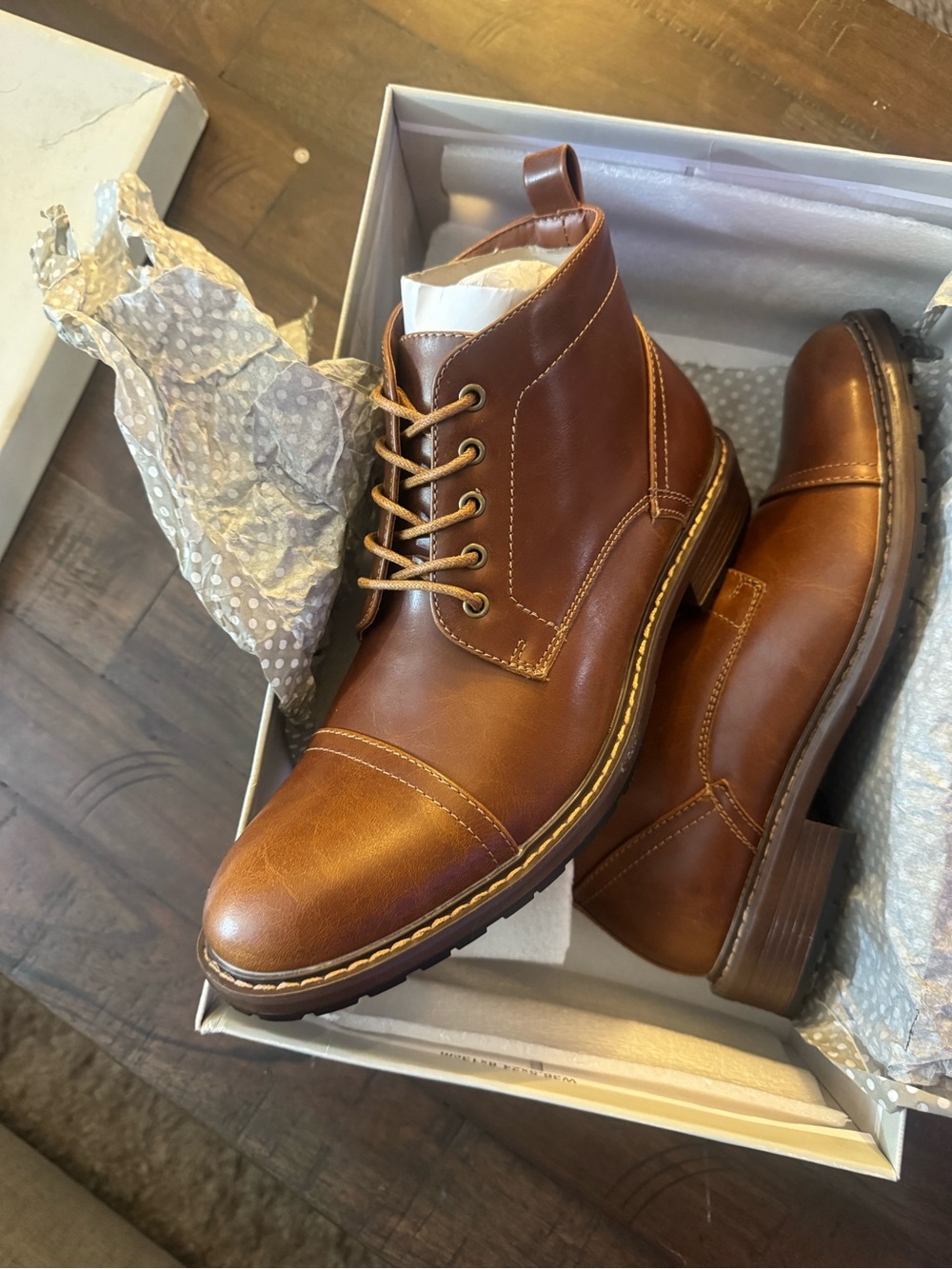 Perry Ellis Tan Leather Cap-Toe Lace-Up Boots